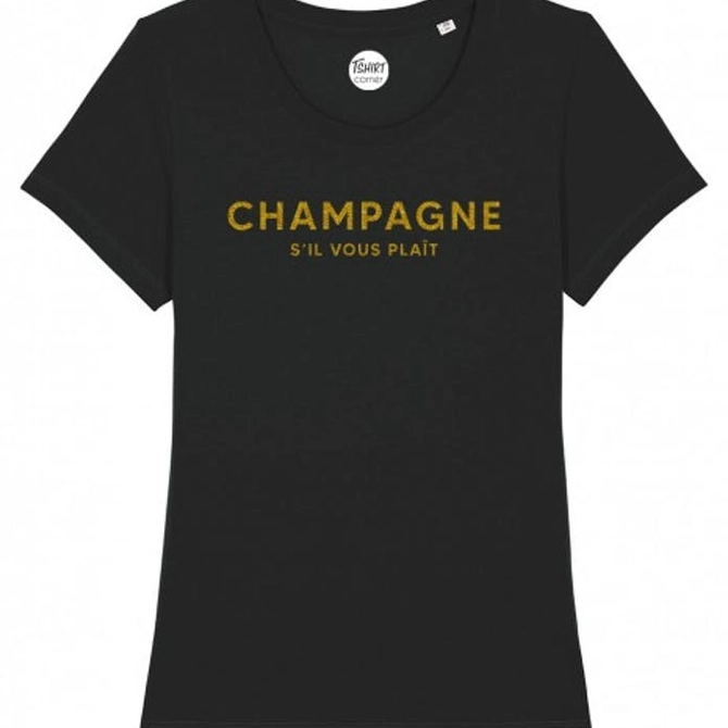 Svart t-shirt med guldglittrig text "Champagne s'il vous plait"