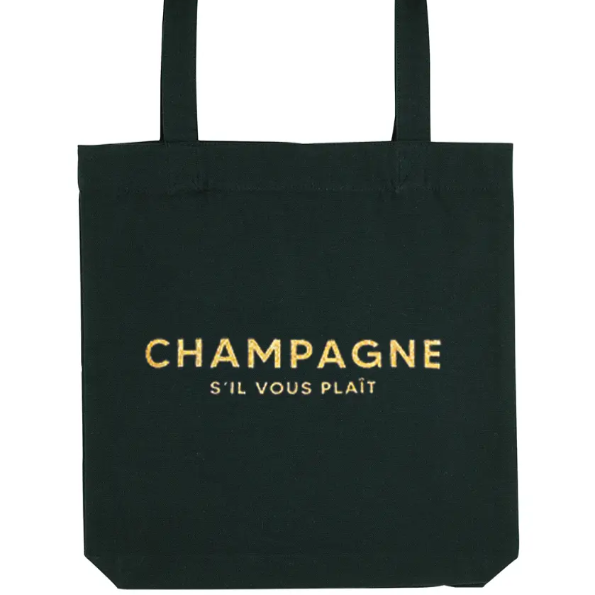 svart tygväska med glittrig text "Champagne s'il vous plait"