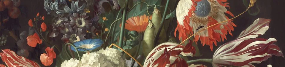 Detaljbild vackert tryck, flowers. mörk botten med mörka färger. gamla holländska konstnärer.