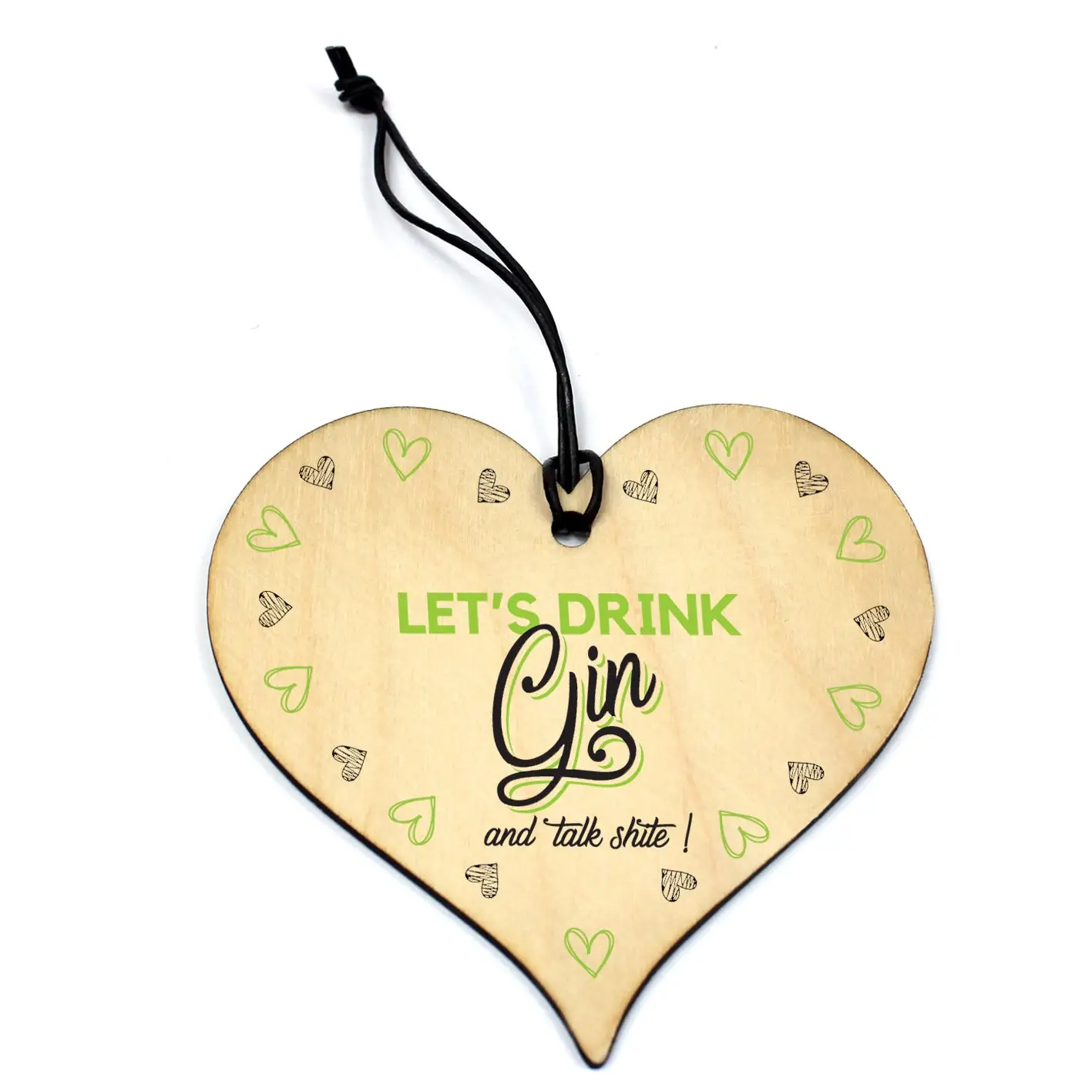 Presentetikett i trä i formen av ett hjärta med texten "Let's drink gin and talk shite!"