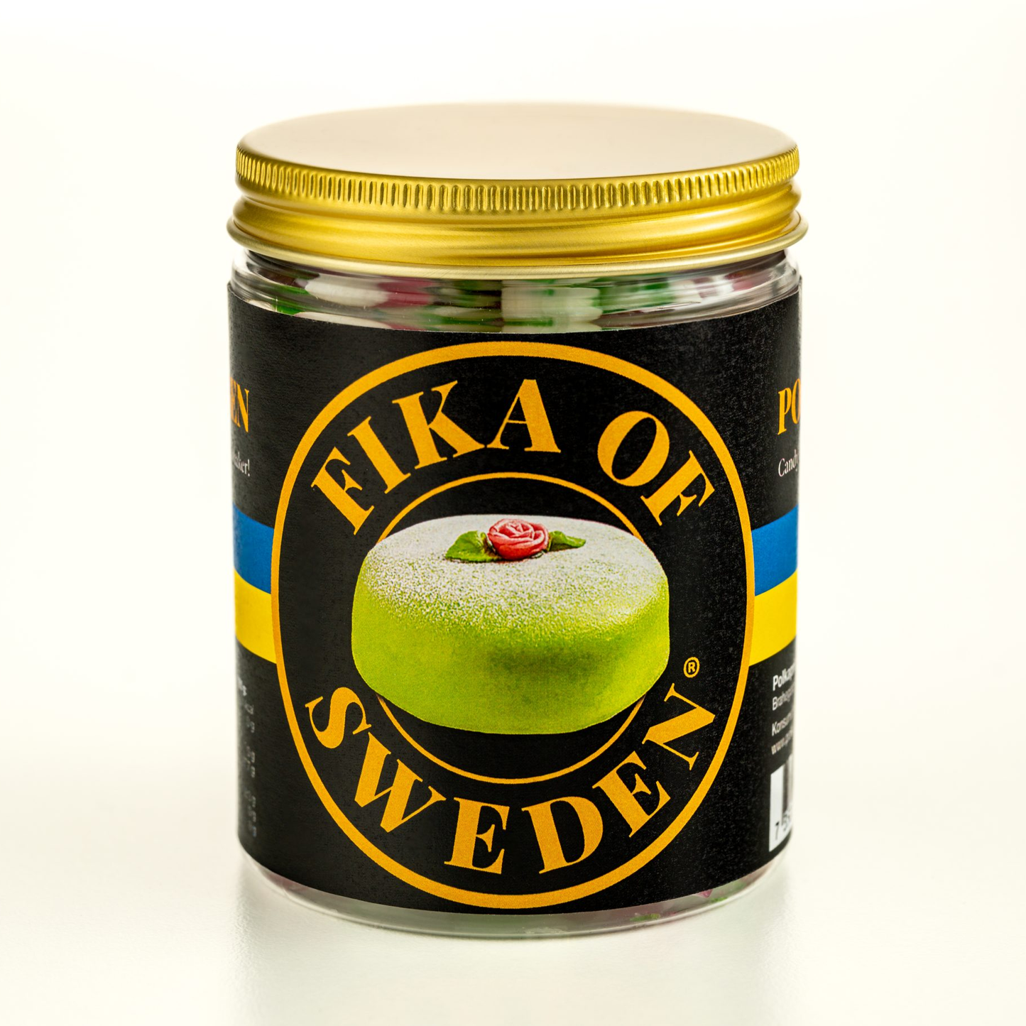 Burk med handgjorda karameller från Gränna med smak av prinsesstårta