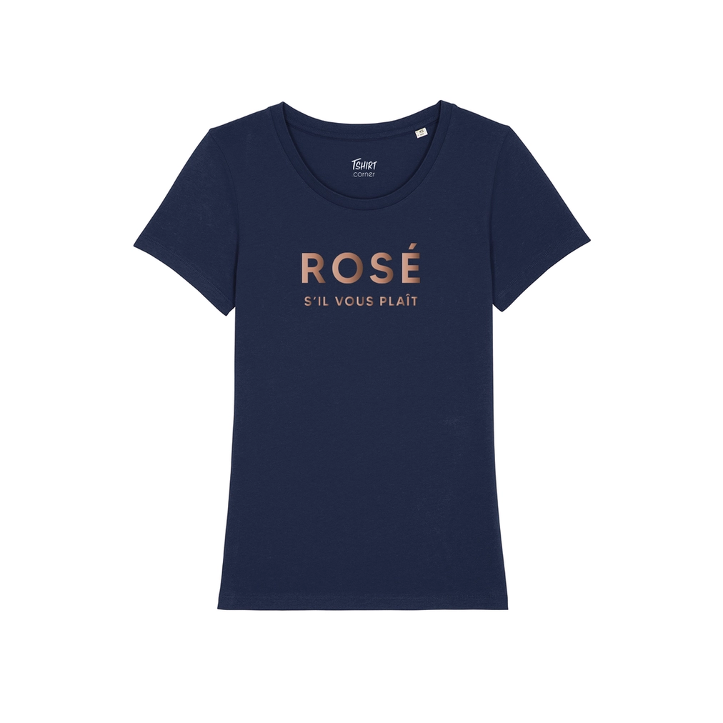 Blå t shirt med texten Rosé s'il vous plait
