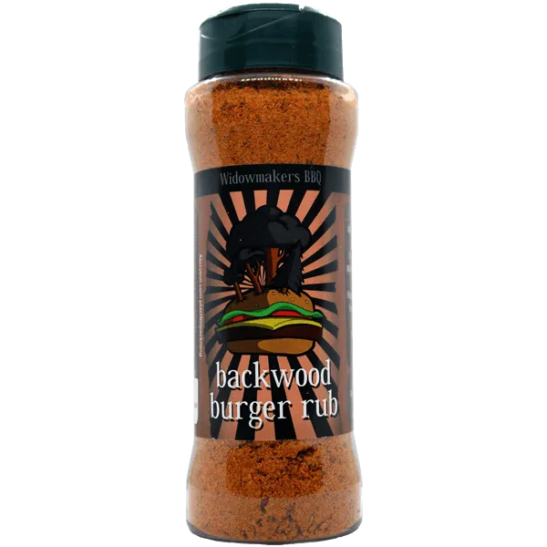 Burk med backwood burger rub . tecknad bild av hamurgare.