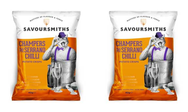 guldig chipspåse med katt och champagneglas. bubbly serrano chilli