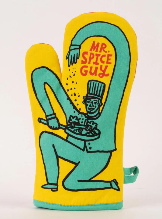 Gul ugnsvante med en tecknad man som kryddar mat och texten Mr Spice Guy 