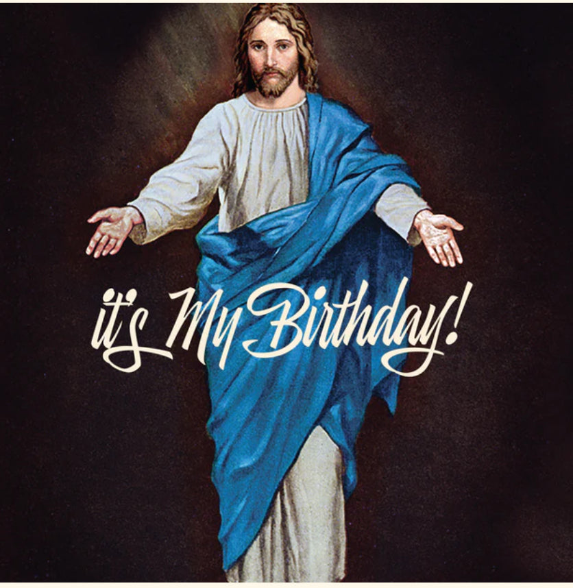 Julkort med Jesus som säger "OMG, it's my birthday"