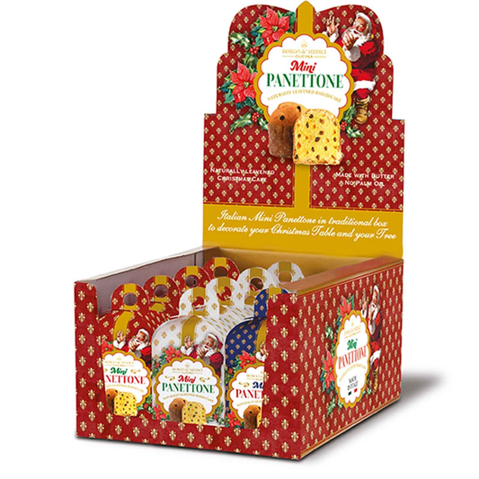Mini panettone som julgranshänge. tre olika färger, röd vit och blå. julig display.