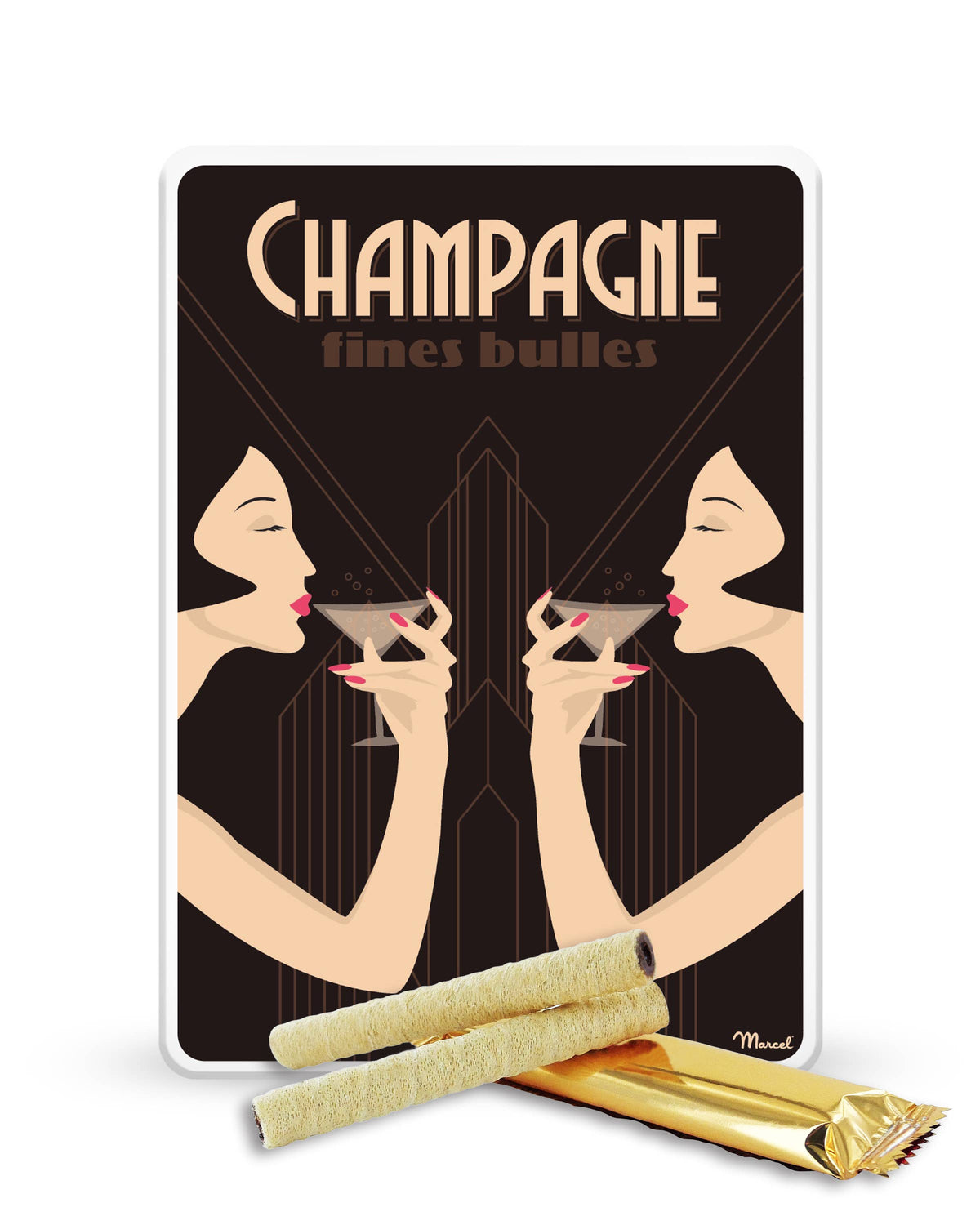Sacré Marcel Champagne – plåtburk med choklad- och hasselnötsbakverk