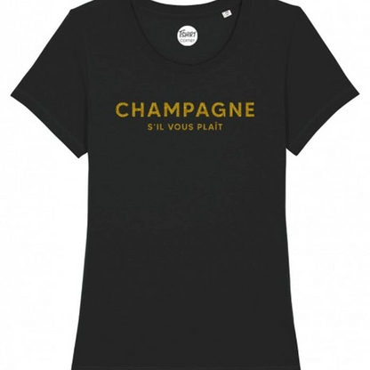 Svart t-shirt med guldglittrig text "Champagne s'il vous plait"