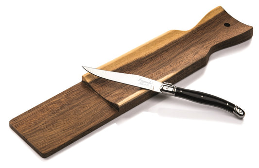 Korvskärbräda med kniv. Akacia. Svart Laguiolekniv.
