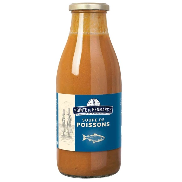 Glaskflaska med fransk fisksoppa från Bretagne.
