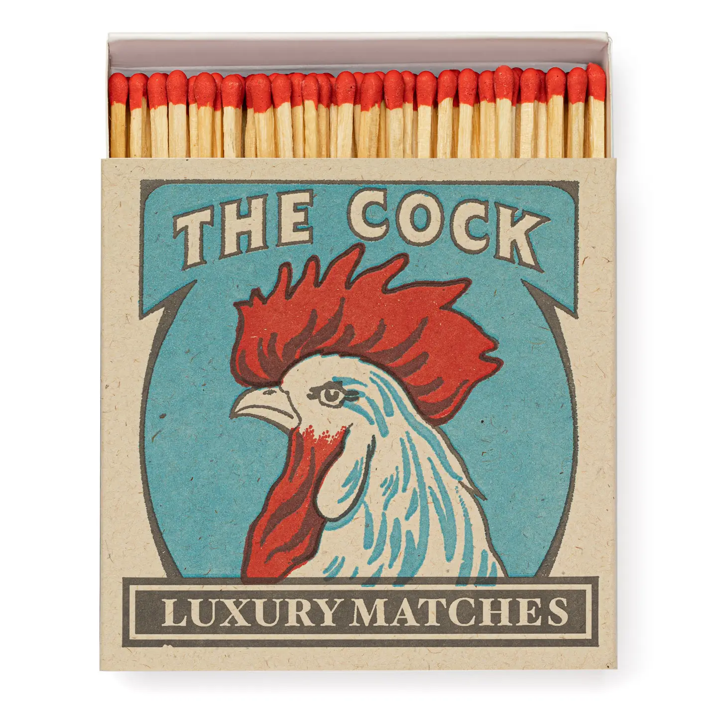 Tändstickask  med tupp och texten "The cock" luxury matches