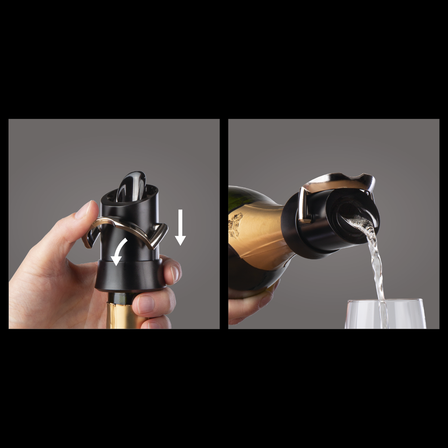 champagne stopper and server. svart och rostfritt stål. Visning av hur den fungerar.