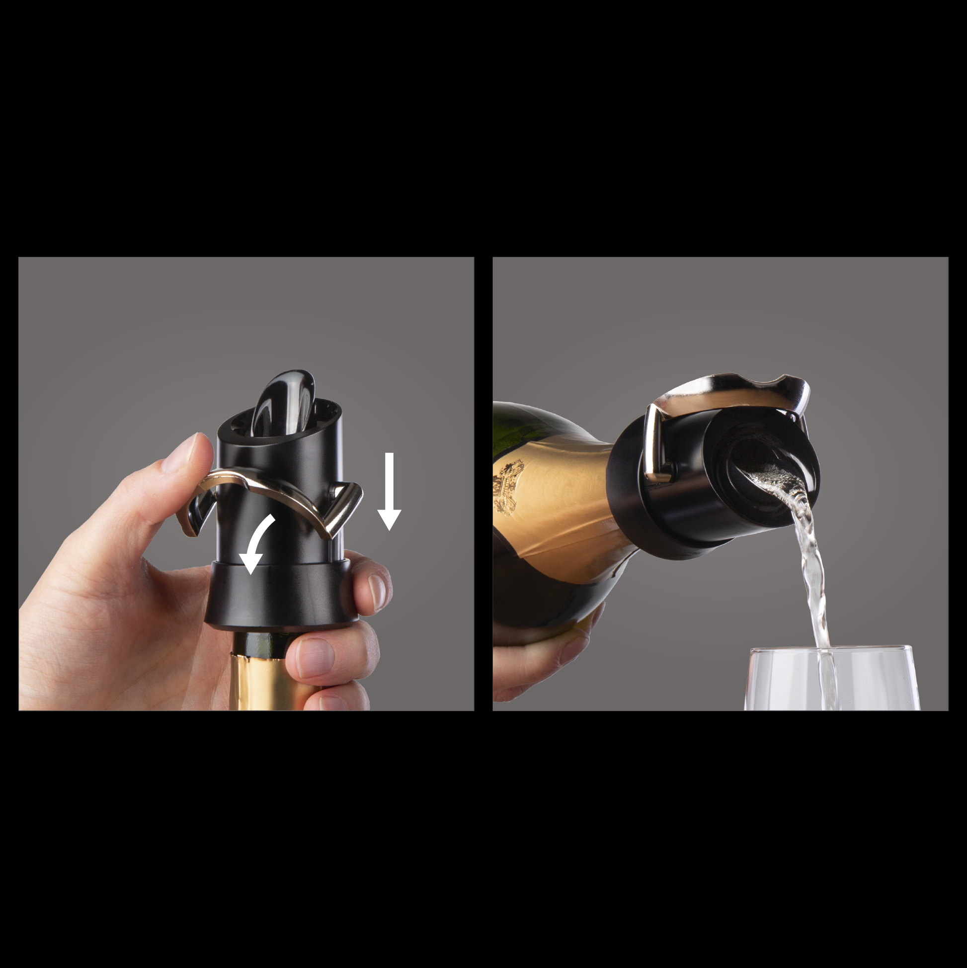 champagne stopper and server. svart och rostfritt stål. Visning av hur den fungerar.